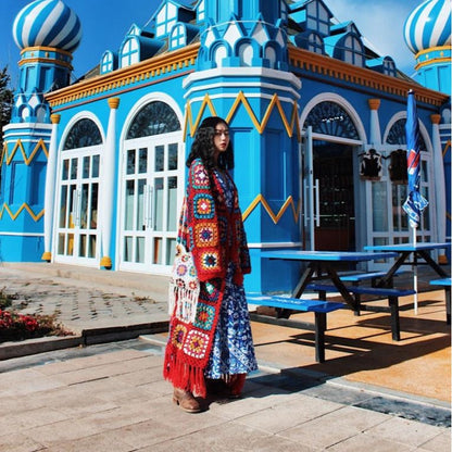 Tibetan Style Women'S Hippie Woven Crochet Handmade Ethnic Sweater Red Tassel Coat