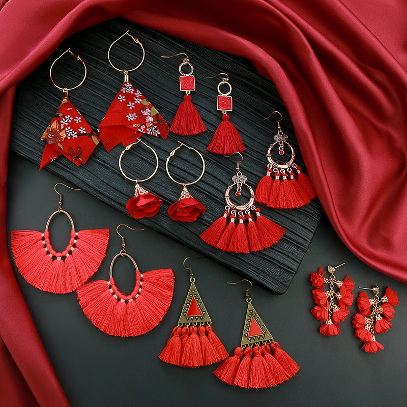 Red Geometric Tassel Earrings Bohemian Style