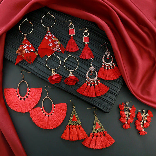 Red Geometric Tassel Earrings Bohemian Style