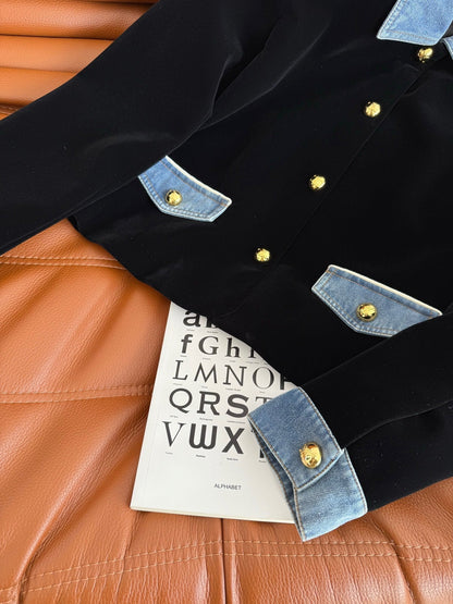 Celine 25 Denim Patchwork Velvet Jacket Black Blue