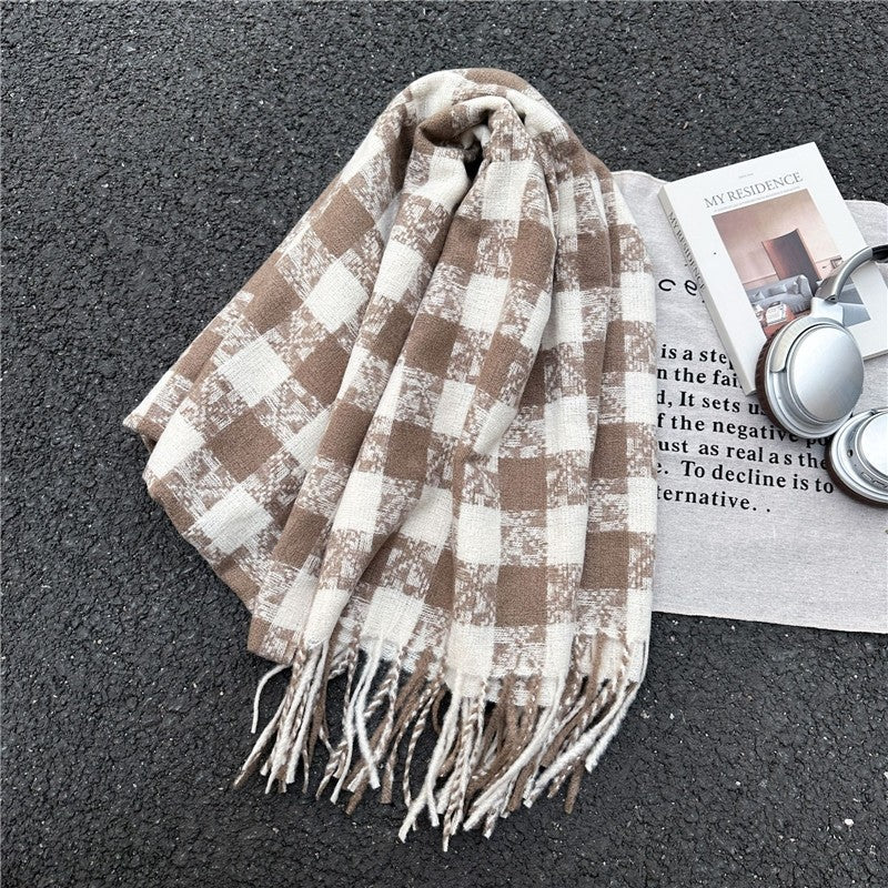 Color Block Plaid Fringe Scarf