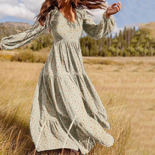 Winter Casual Style Women'S Chiffon Pullover V-Neck Large Swing Dress
