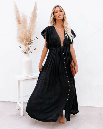 Drawstring Long Skirt Sunscreen Shirt Beach Blouse V-Neck Dress