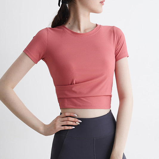 Solid Color Summer Tight Short Dew Umbilical Sports Top Women'S Fast Dry Sexy Yoga Short-Sleeved T-Shirt Running Fitness Suit