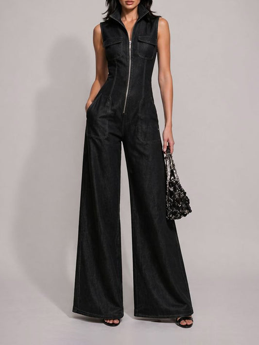 Amira Retro Stand-Collar Zip-Front Sleeveless Denim Jumpsuit