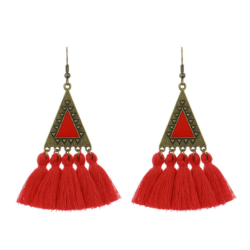 Red Geometric Tassel Earrings Bohemian Style