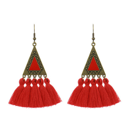 Red Geometric Tassel Earrings Bohemian Style