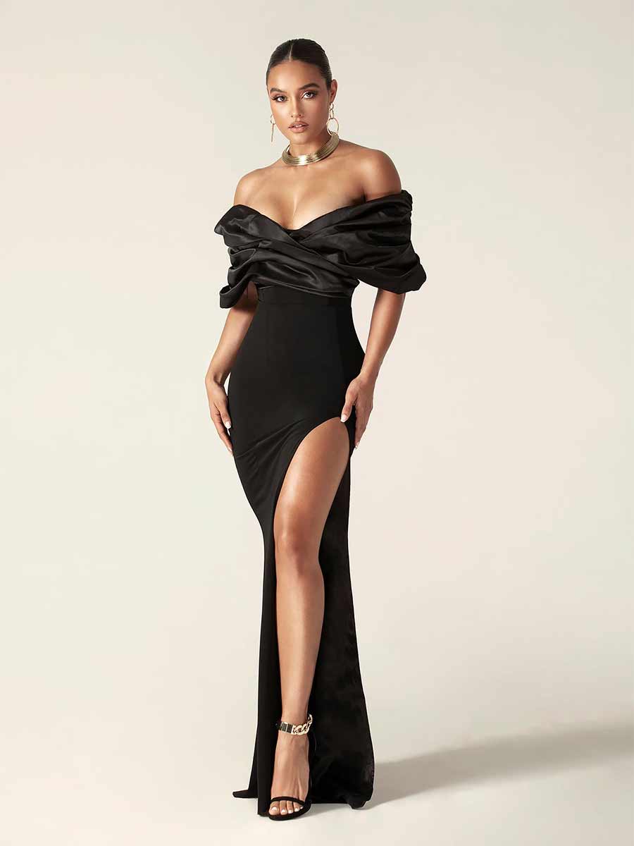 Nevaeh Crepe Ruffle Shoulder Maxi Dress