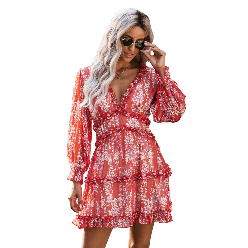 Dress Open Back Chiffon Waist Sexy High Waist Long Sleeve Floral Skirt Women