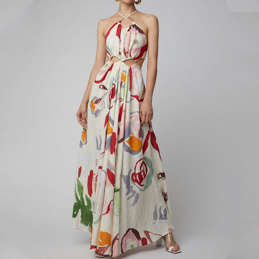 Spring/Summer New Women'S Dress Inew Slim Slim Strap Stitching Printed Long Skirt Beach Dress