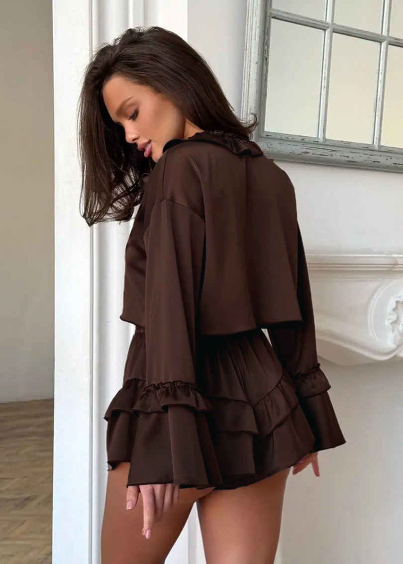 Long Sleeve Top and Shorts Set With Ruffle Trim