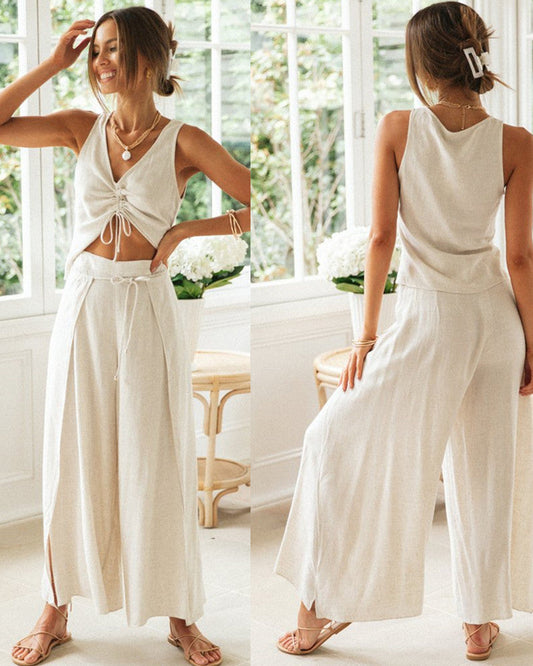 New Women'S Fashion Solid Color Drawstring Short Sleeved Top Wide Leg Split Pants Two Piece Set