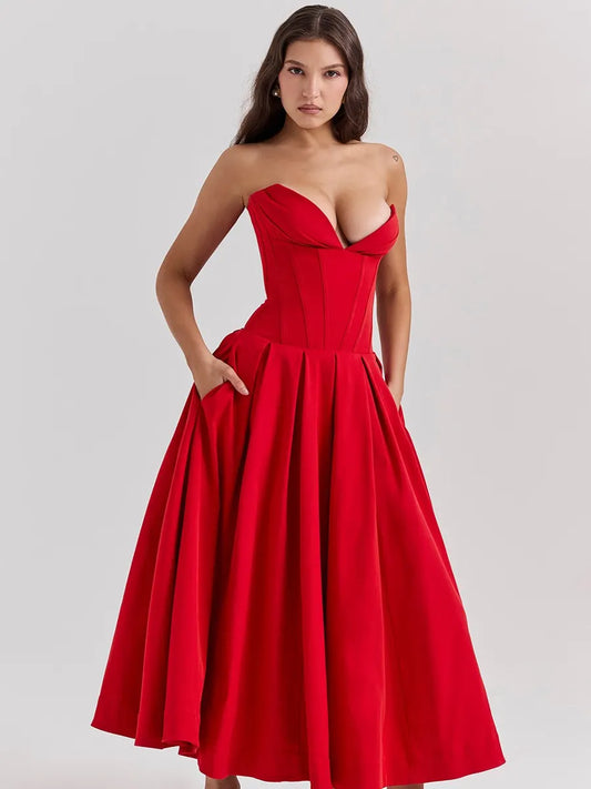 Aurora Off-Shoulder Corset Midi Dress In Red