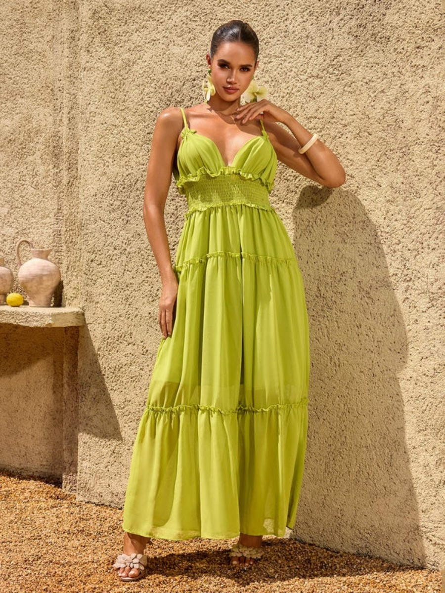 Hailey Spaghetti-Strap Tiered Chiffon Maxi Dress