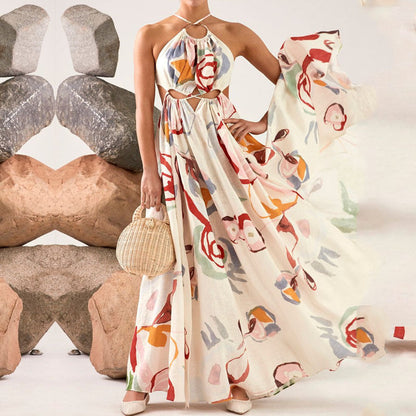 Spring/Summer New Women'S Dress Inew Slim Slim Strap Stitching Printed Long Skirt Beach Dress