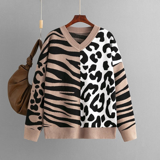 Zebra And Leopard Print Patchwork Sweater