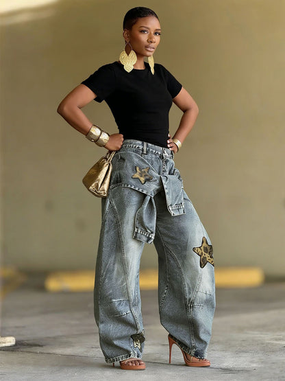 Carolina Star and Leopard Print Patchwork Jeans