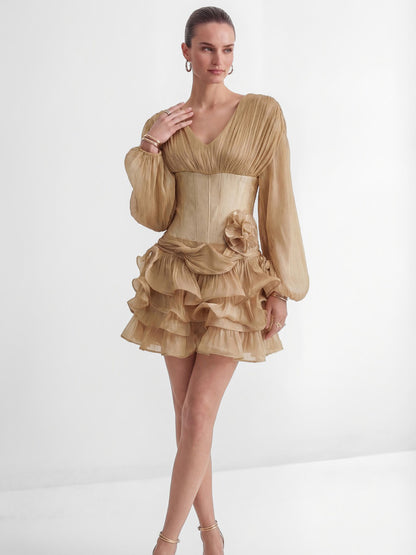Margot Khaki Corset Bodice Ruffled Mini Dress