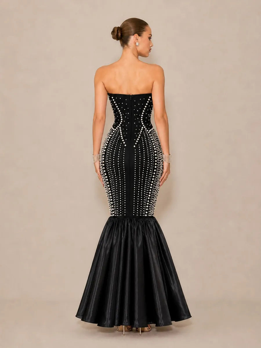 Arielle Sexy Strapless Pearl-Beaded Maxi Dress