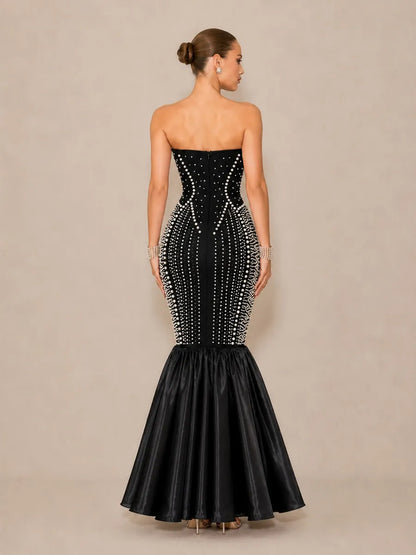 Arielle Sexy Strapless Pearl-Beaded Maxi Dress