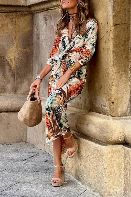 Tropical Plant Print V-Neck Twisted Waist Slit Maxi Dress