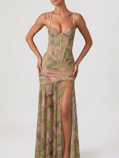 Kaia Floral Draped Corset Maxi Dress