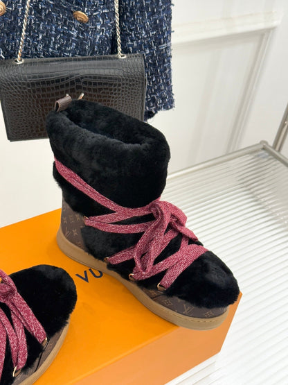 LV Cloud Lace-Up Ankle Boot Sneaker Black-Red Shearling Monogram Canvas 572470