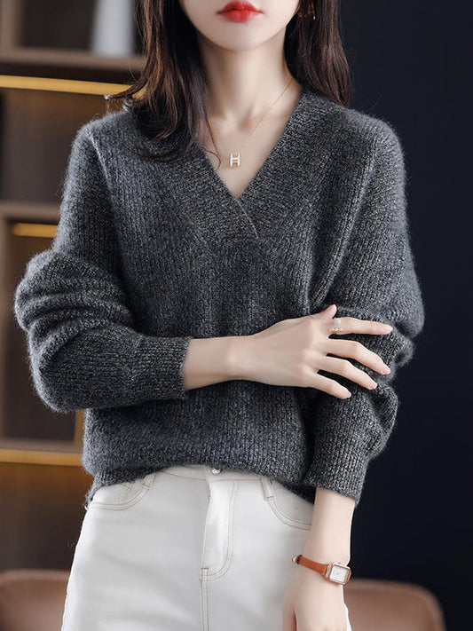 Loose Long Sleeves Solid Color V-Neck Sweater Tops