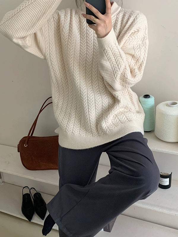 Long Sleeves Loose Solid Color Velvet Round-Neck Knitwear Pullovers Sweater Tops