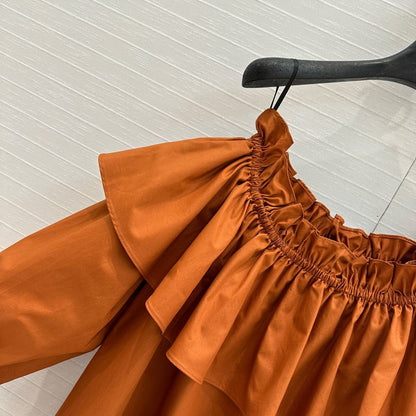 YSL One-shoulder Drawstring Puff Sleeve Dress Caramel Cotton