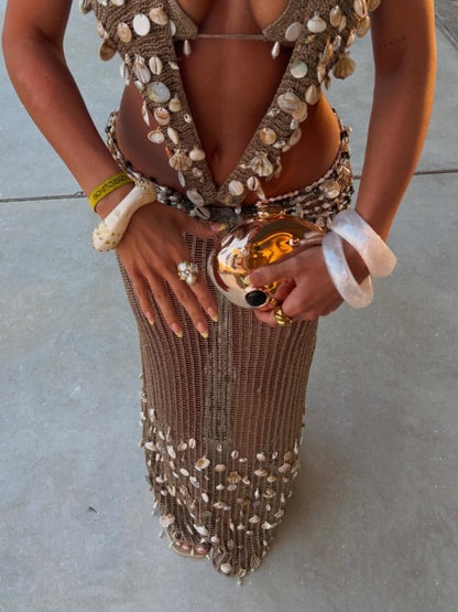 Kylie Shell-Embellished Halter Crochet Maxi Dresses