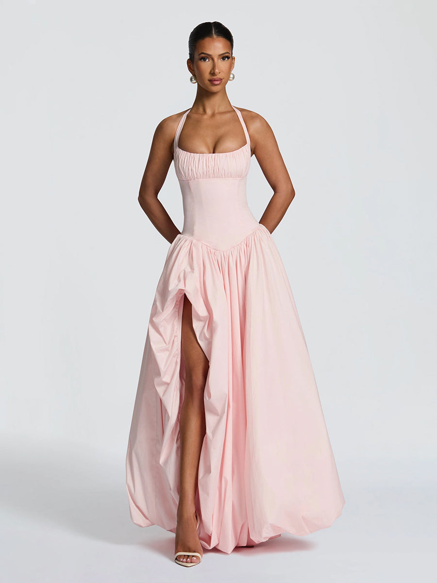Aurora Halter Corset High-Slit Ball Gown In Pink