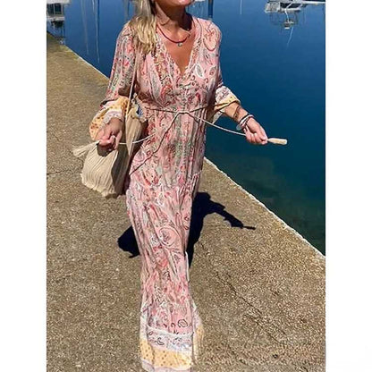 Summer New Bohemian Print V-Neck Fashion Versatile Casual Style Large Swing Long Dress