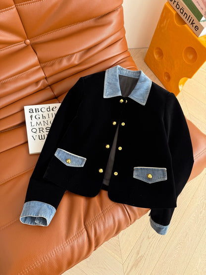 Celine 25 Denim Patchwork Velvet Jacket Black Blue