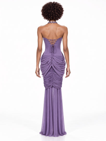 Audrey Twisted Ruched Halter Maxi Dress