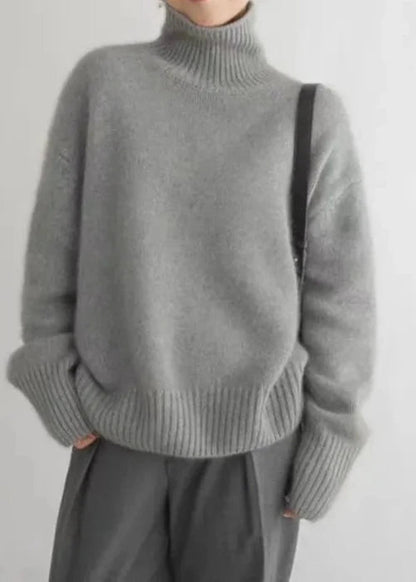 Grey Knit Turtleneck Sweater Soft Plush Fabric