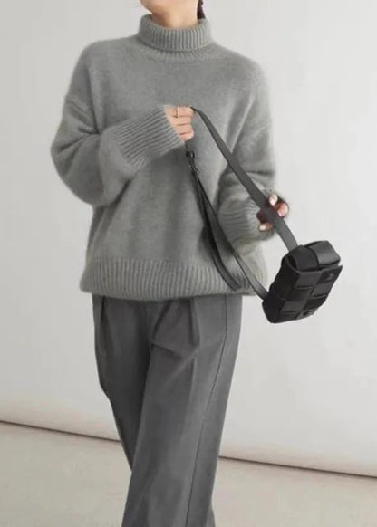 Grey Knit Turtleneck Sweater Soft Plush Fabric
