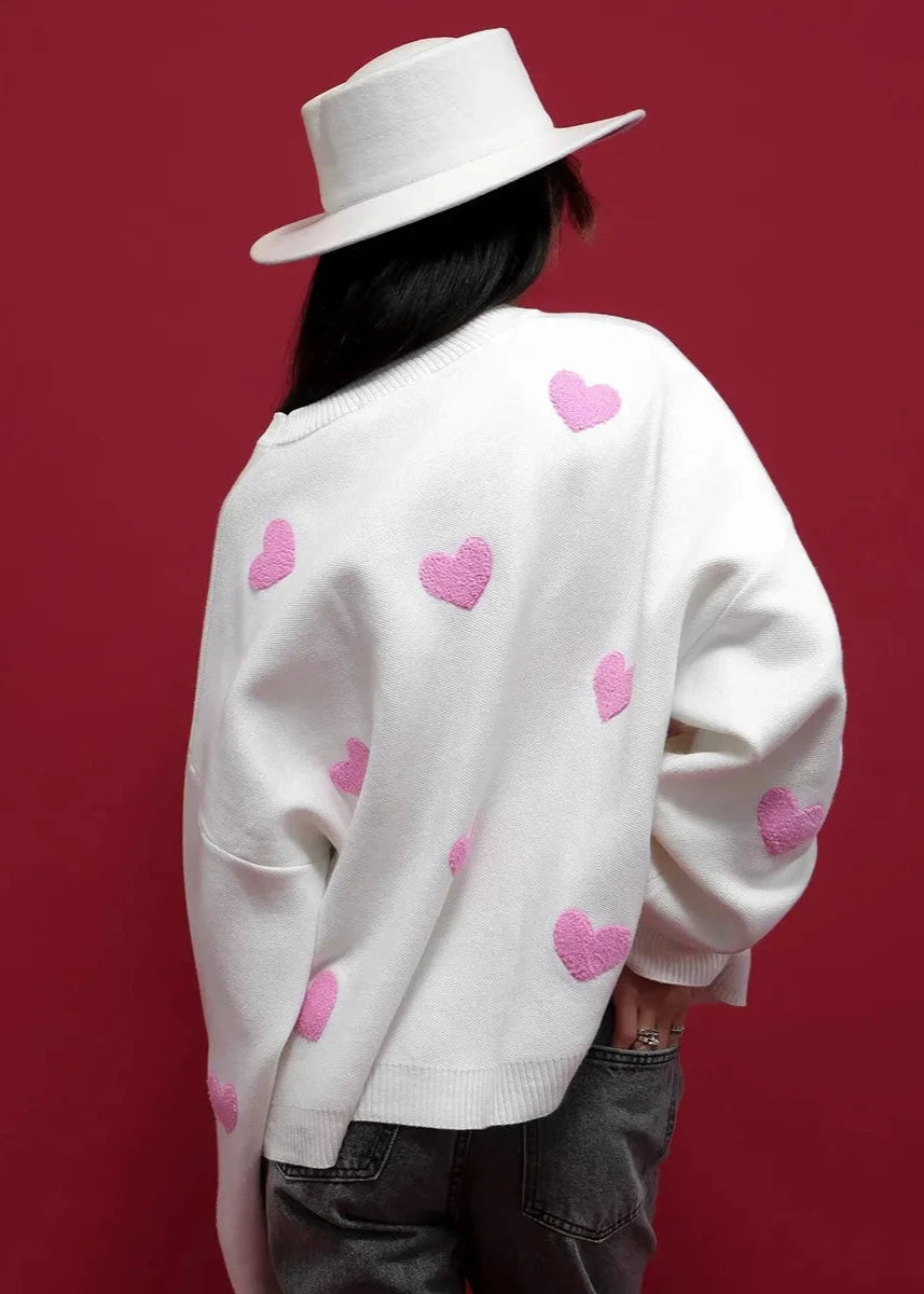 Cozy Knit Sweater With Embroidered Hearts