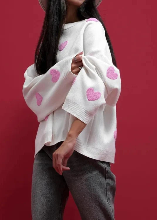 Cozy Knit Sweater With Embroidered Hearts