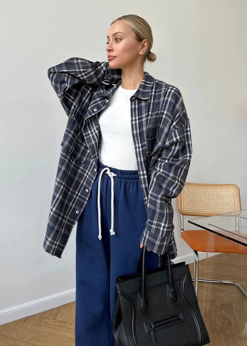 Oversized Cotton Blend Plaid Long Sleeve Shirt