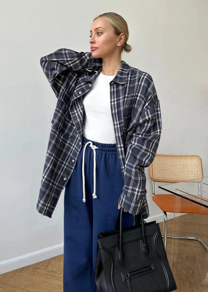 Oversized Cotton Blend Plaid Long Sleeve Shirt