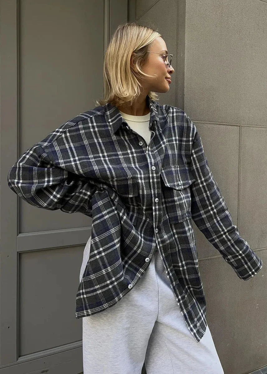 Oversized Cotton Blend Plaid Long Sleeve Shirt