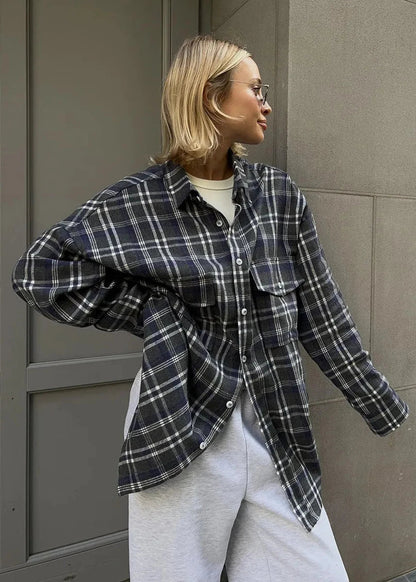 Oversized Cotton Blend Plaid Long Sleeve Shirt