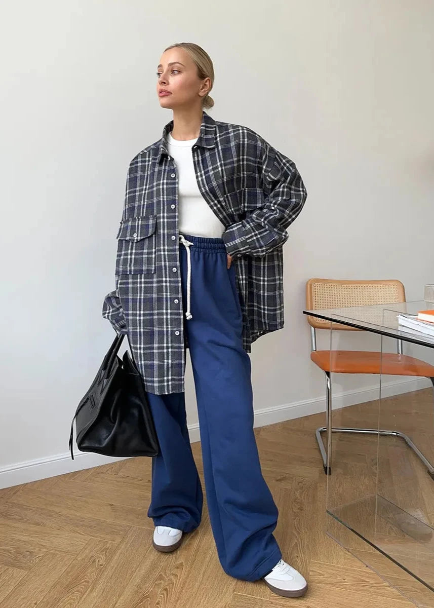 Oversized Cotton Blend Plaid Long Sleeve Shirt