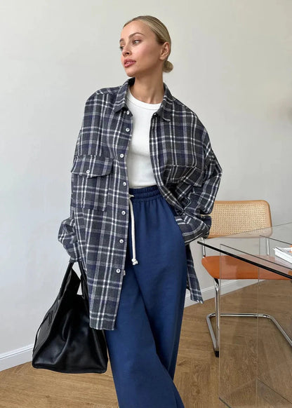 Oversized Cotton Blend Plaid Long Sleeve Shirt