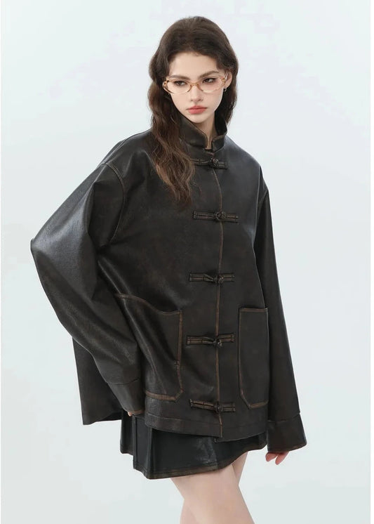 Loose PU Leather Jacket with Stand Collar