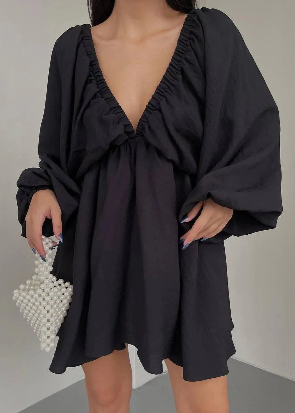 Lantern Sleeve V Neck Dress In Soft Fabric