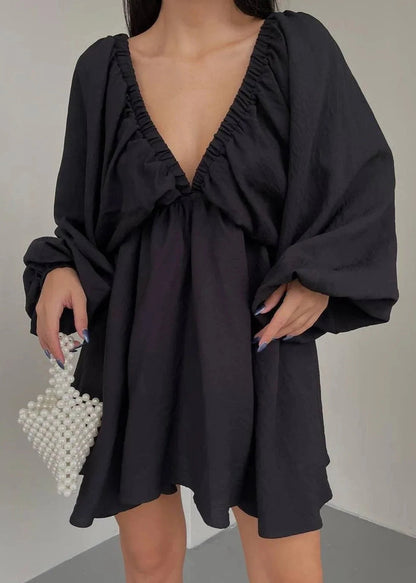 Lantern Sleeve V Neck Dress In Soft Fabric