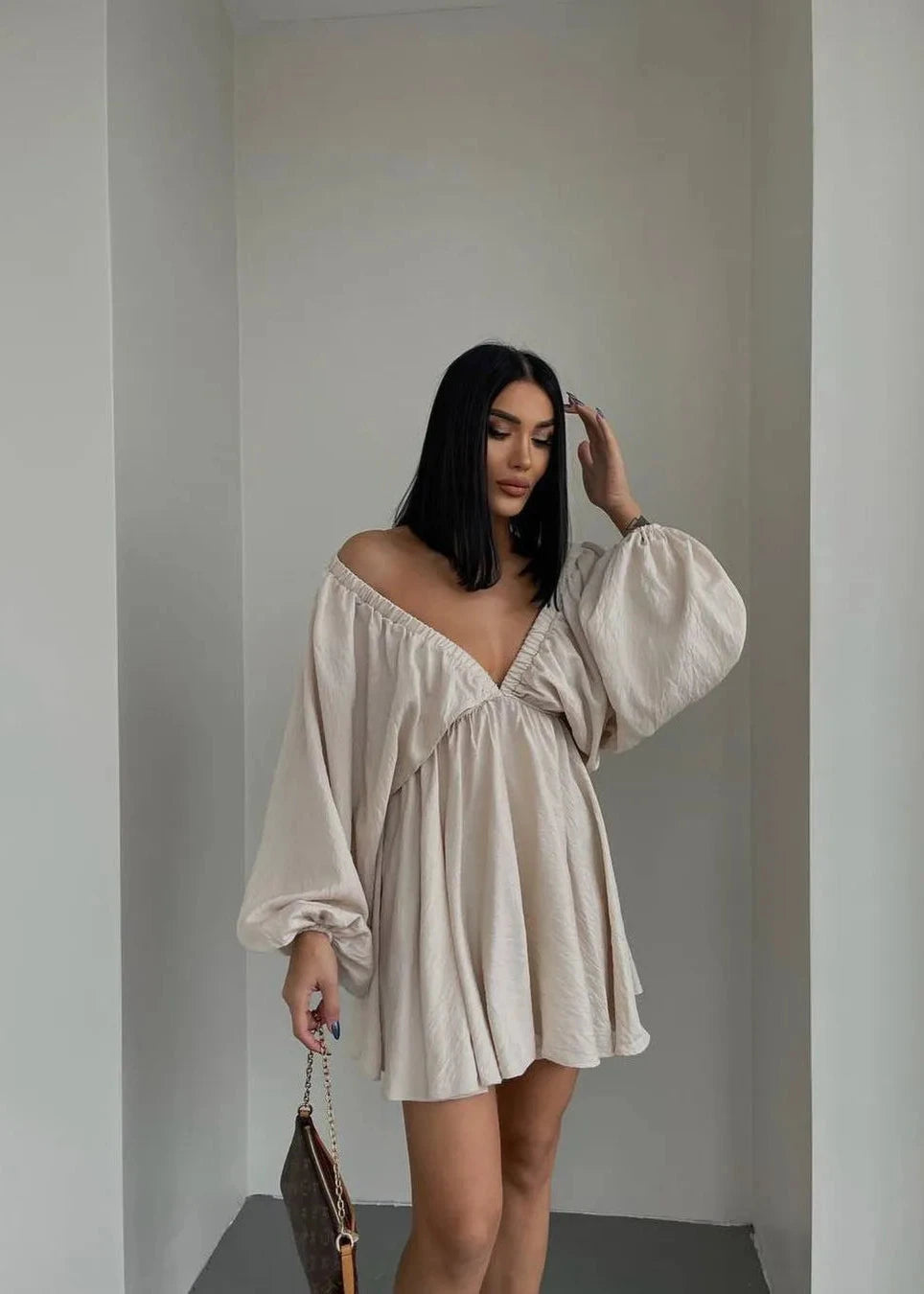 Lantern Sleeve V Neck Dress In Soft Fabric