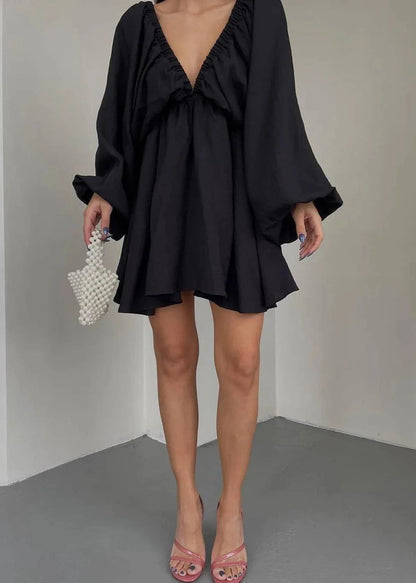 Lantern Sleeve V Neck Dress In Soft Fabric